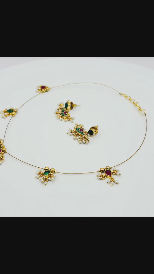 Peacock Pearl Jadau Invisible Chain Necklace Set - Antique Gold Temple Jewelry with Matching Earrings