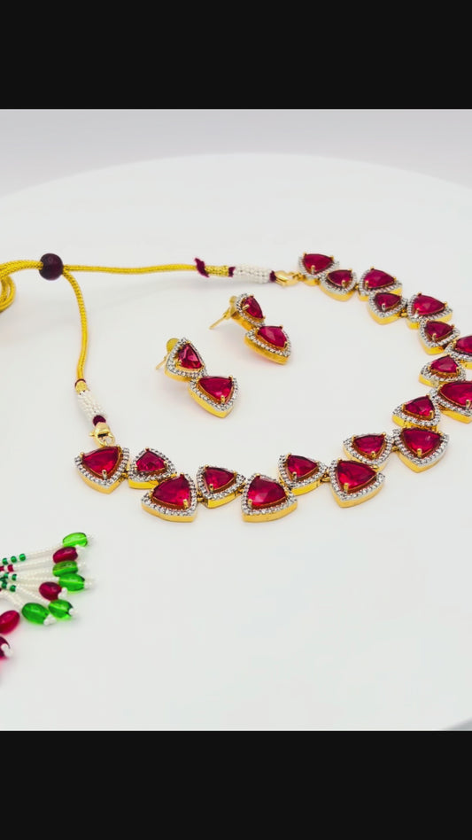 Ruby Red Triangle Stone Necklace Set - Antique Gold with Matching Stud Earrings