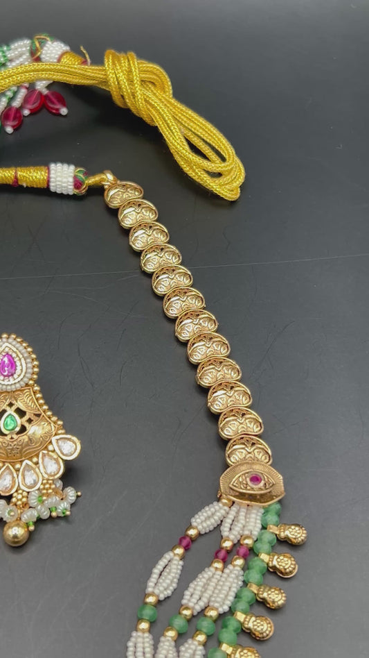 Antique Gold Temple Jewelry Long Necklace Set with Chandbali Earrings