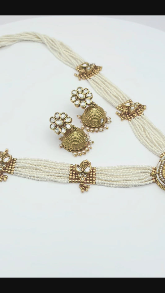 Traditional Pearl and Polki Necklace Set Antique Gold Multi-Strand with Jhumka Earrings