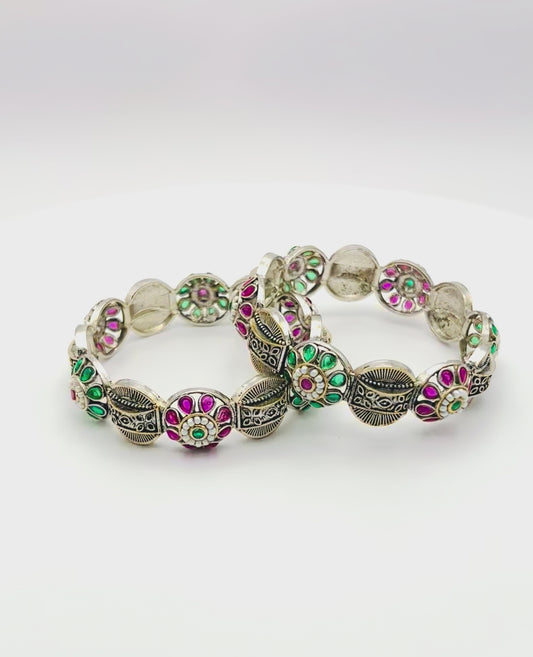 German Silver Temple Bangle Set with Pink and Green Kundan Stones - Antique Look Kada