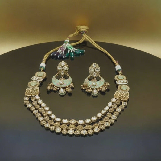 Temple Jewelry Necklace Set Antique Gold Kundan Meenakari with Chandbali Earrings