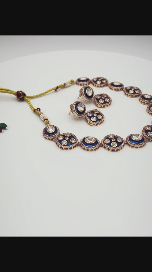 Kundan Polki Necklace Set with Earrings - Blue & White Stone Bridal Jewelry