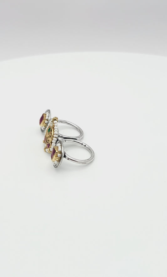 Antique Temple Two Finger Ring - Adjustable Ruby Emerald Statement Ring with Pearl Detailing