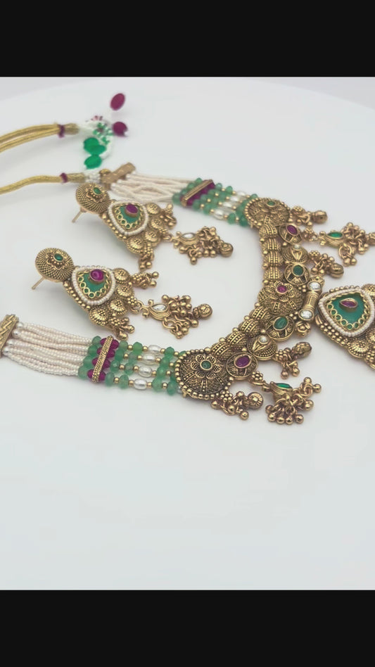 Heritage Multilayer Pearl and Green Stone Choker Necklace Set - Temple Jewelry with Earrings